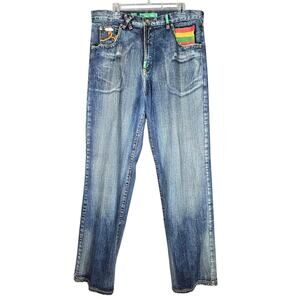 LRG Jamaican Royalty Jeans Mens 38 Blue Denim Straight Leg Rasta Embroidery VTG